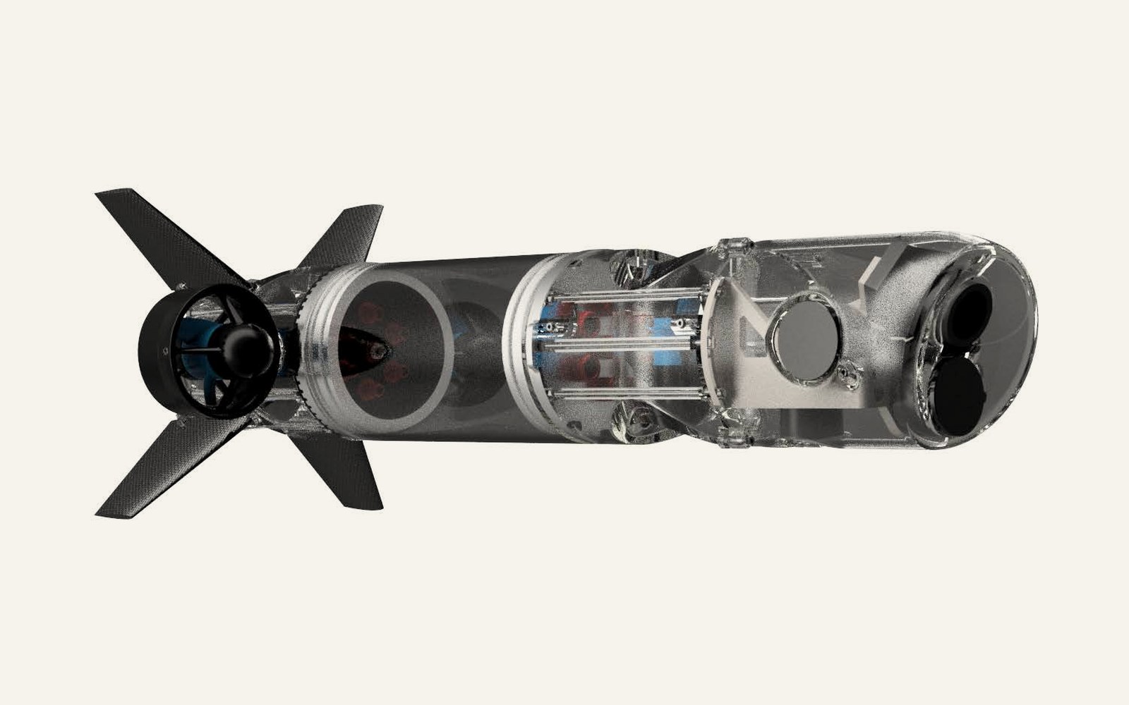 Pioneer MKII, transparent render showing the sensor package, central housing and thrusters inside the hull